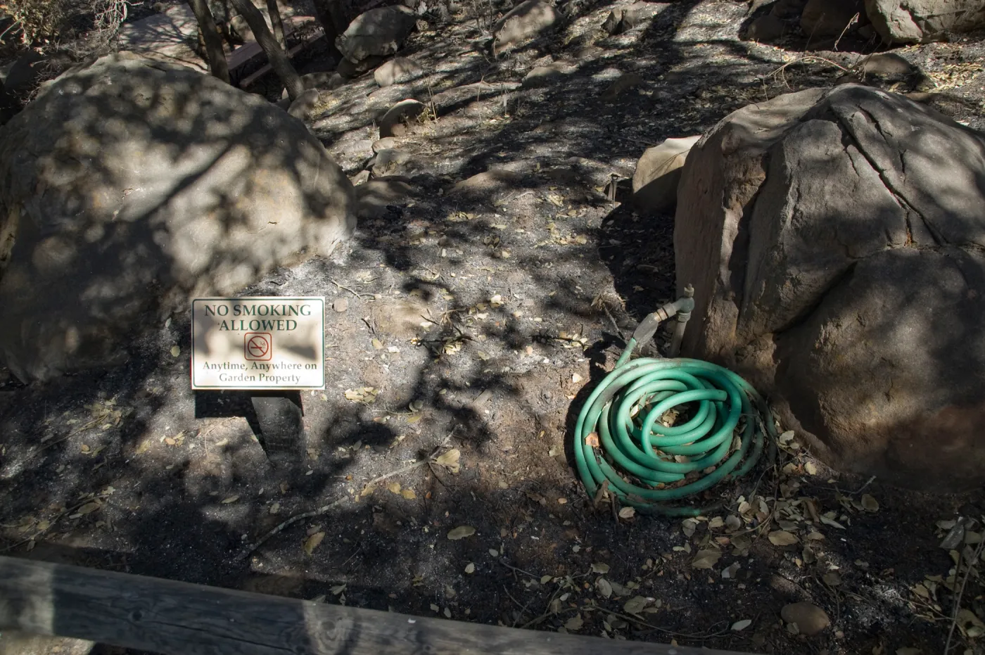 Santa Barbara Botanic Garden after the Jesusita Fire, melted hose, burned No Smoking Allowed sign
