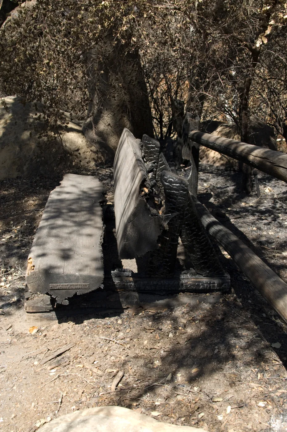 Sydney G. Gest Bench, wood bench burned in the Jesusita Fire