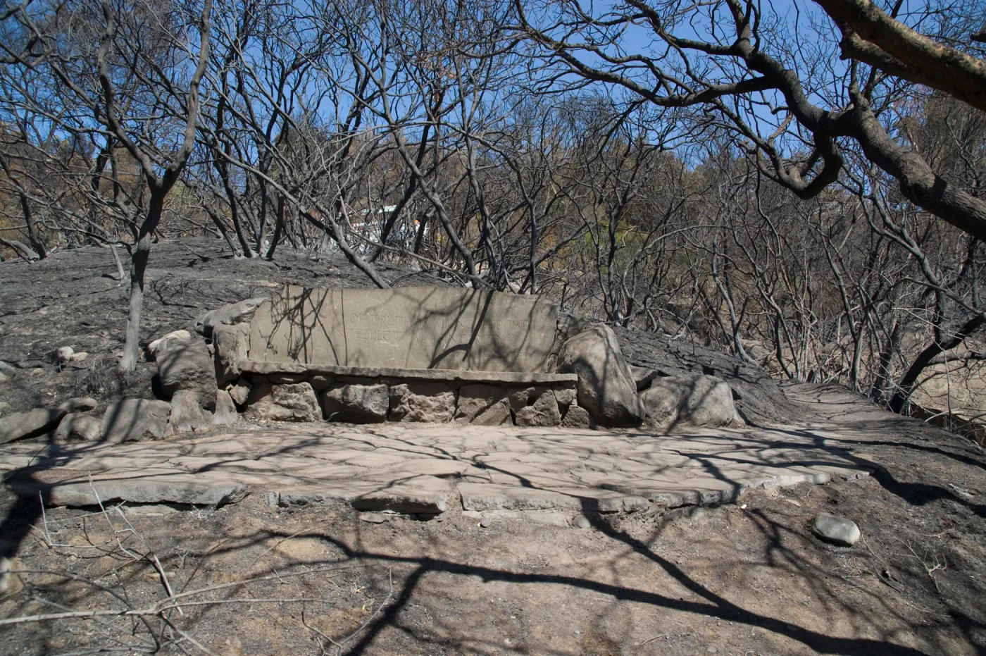 stone bench, Pritchett Bench, Pritchett Trail after the Jesusita Fire