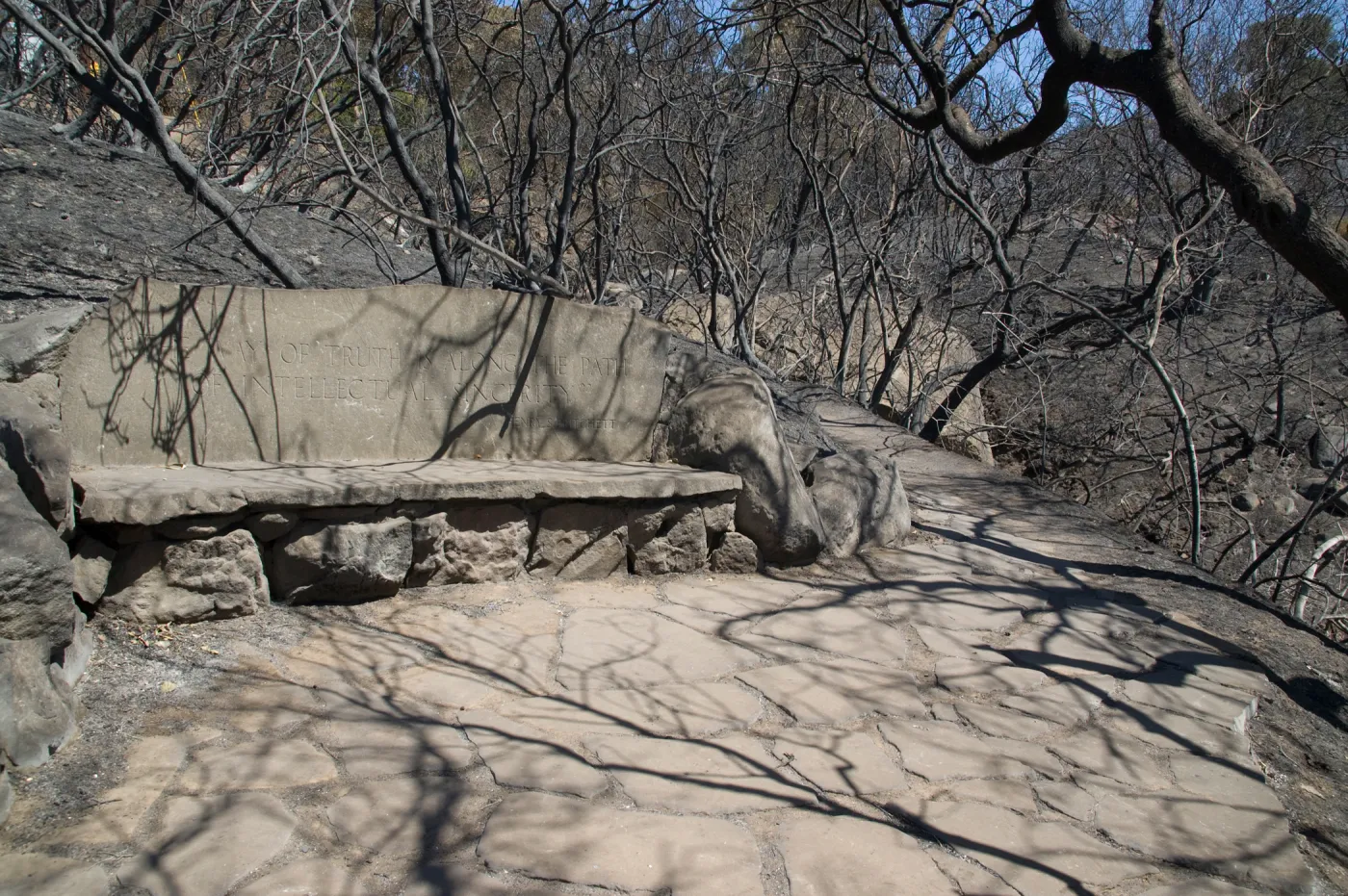 stone bench, Pritchett Bench, Pritchett Trail after the Jesusita Fire