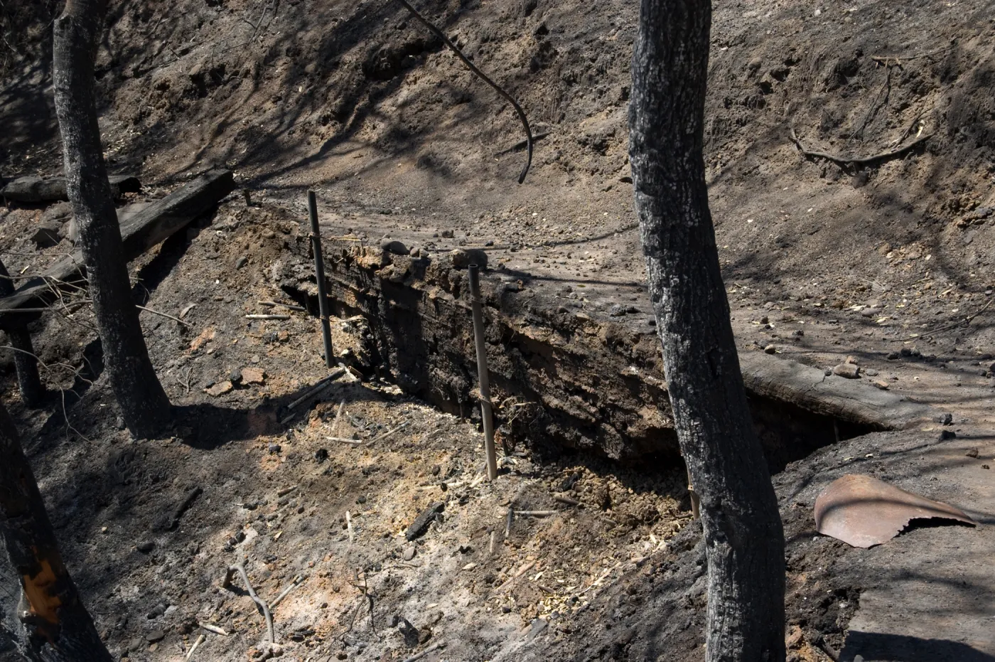 burned out railroad tie retating wall, Pritchett Trail after the Jesusita Fire