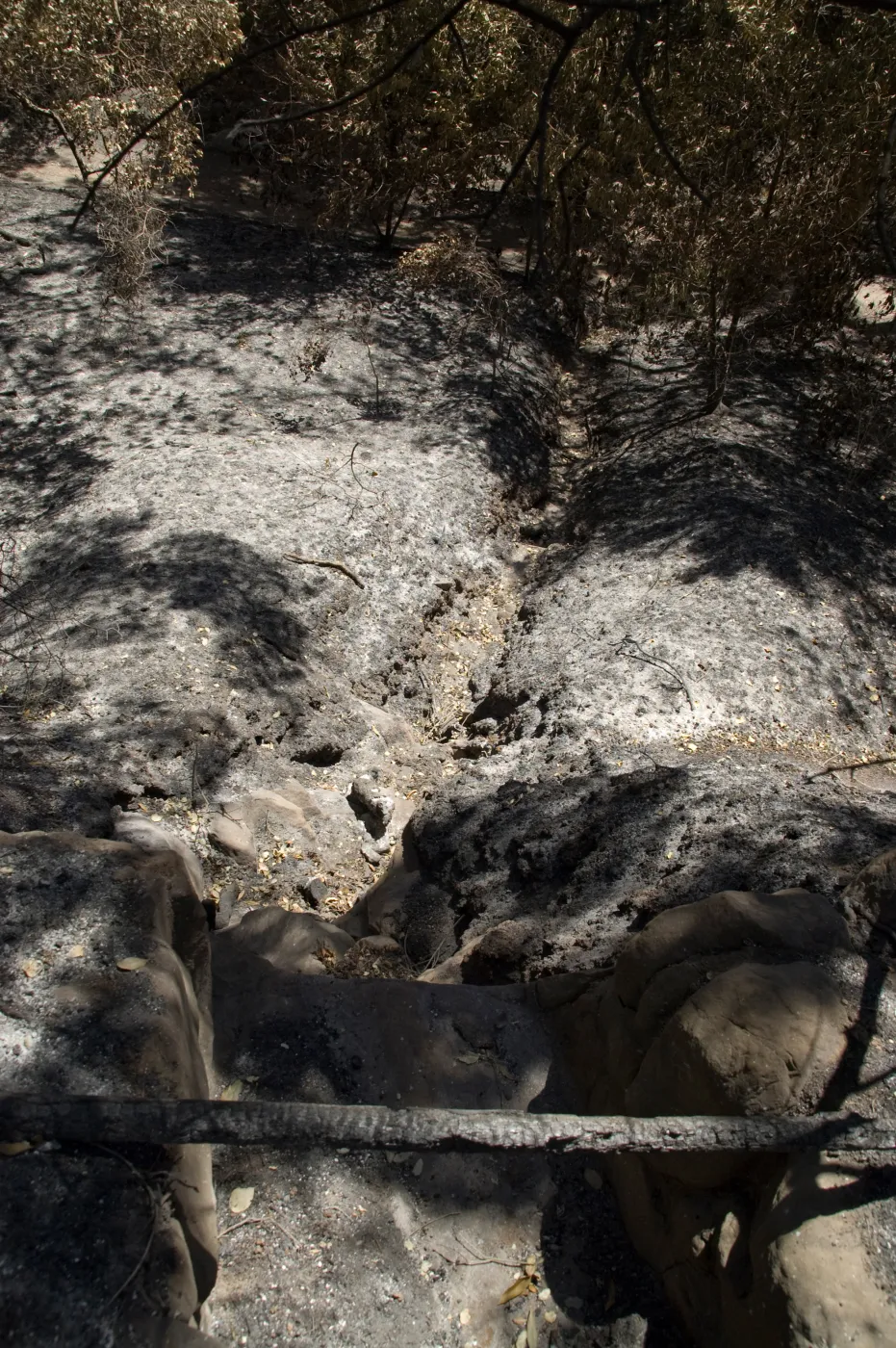 drainage ditch below burned foot bridge on Pritchett Trail after the Jesusita Fire