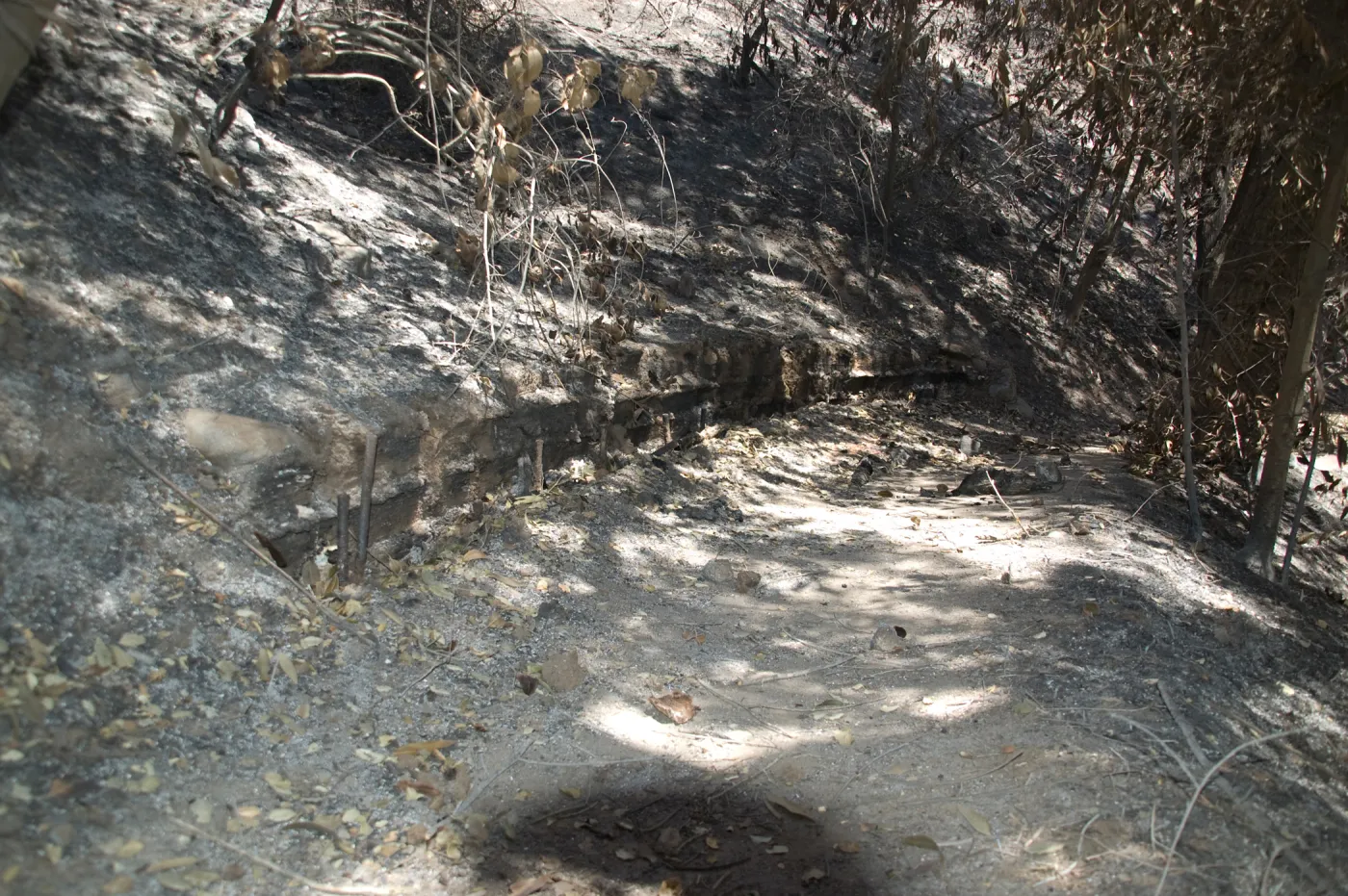 Pritchett Trail burned railroad tie retaining wall after the Jesusita Fire