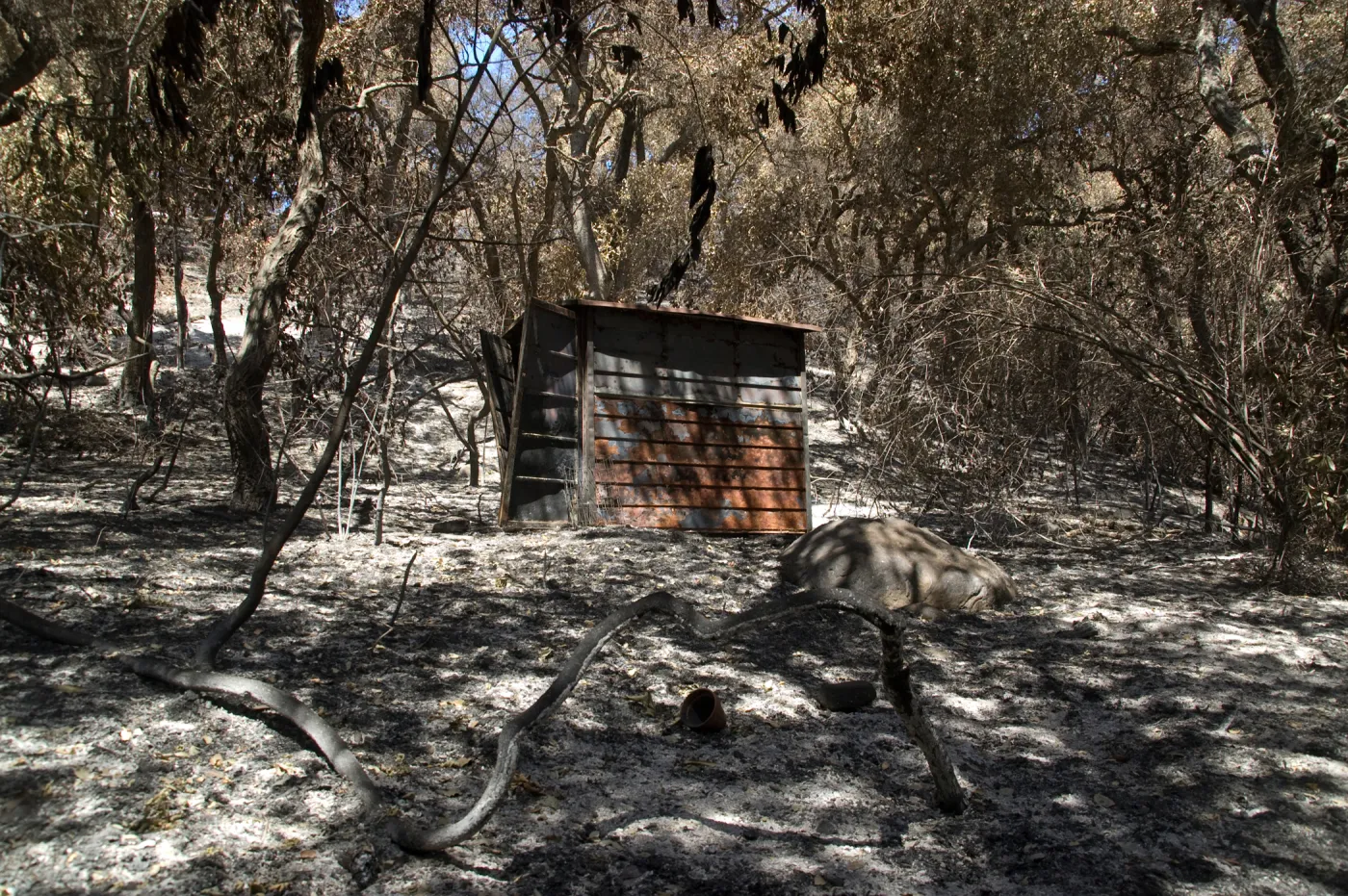 burned metal shed in Mission Canyon after the Jesusita Fire