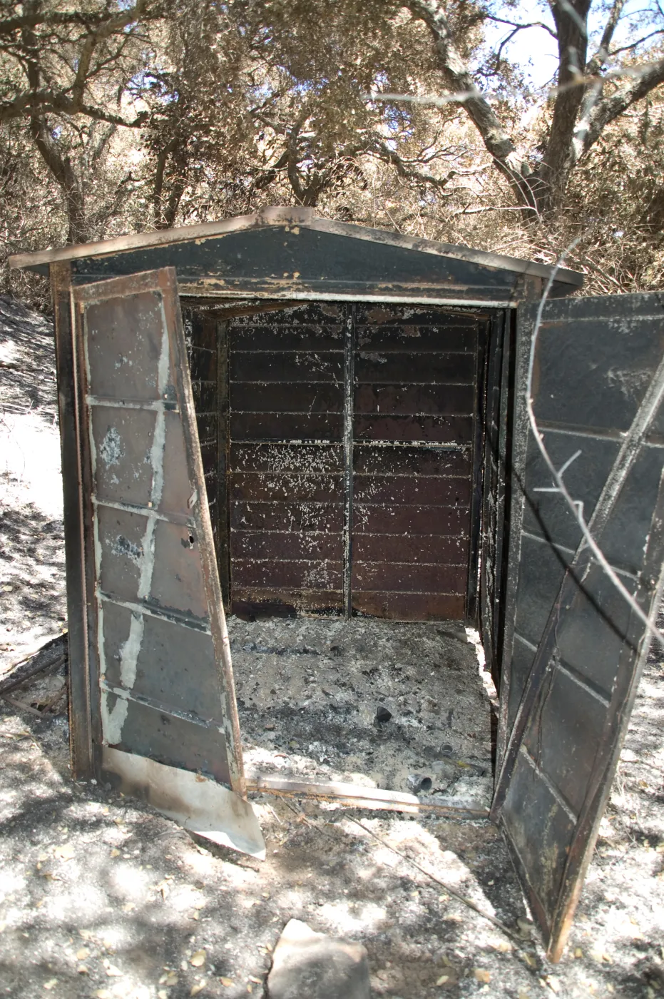 burned metal shed in Mission Canyon after the Jesusita Fire