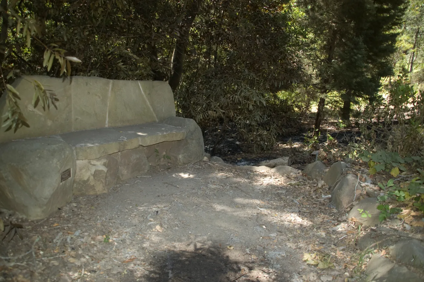 stone bench in Island Section after the Jesusita Fire