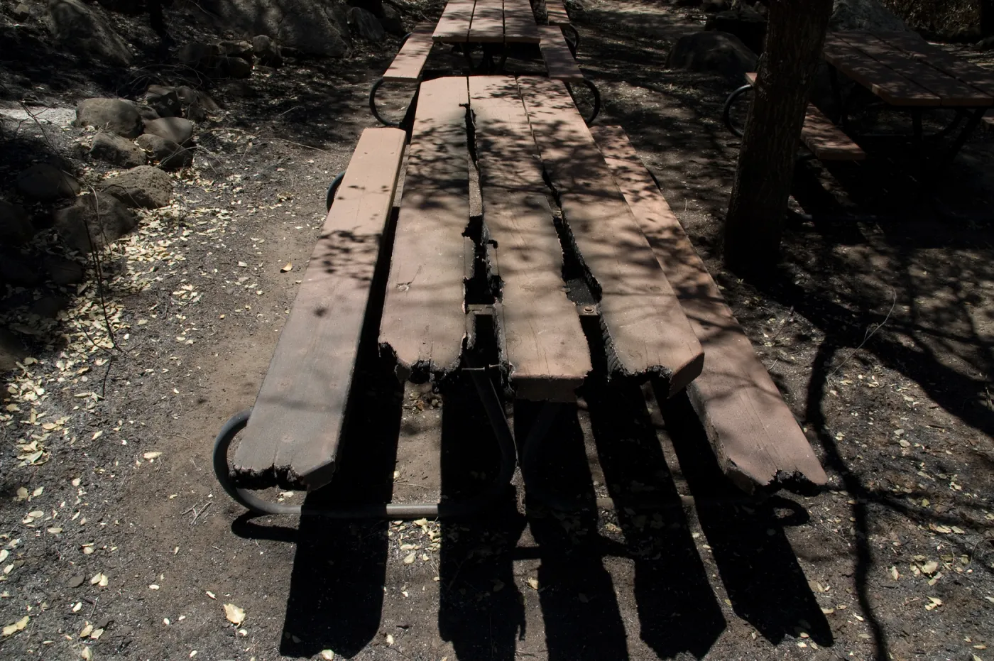 burned picnic table after the Jesusita Fire