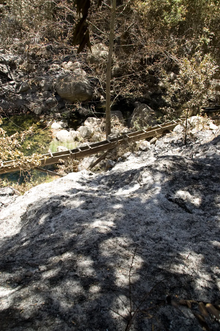 old wooden aqueduct below Mission Dam after the Jesusita Fire