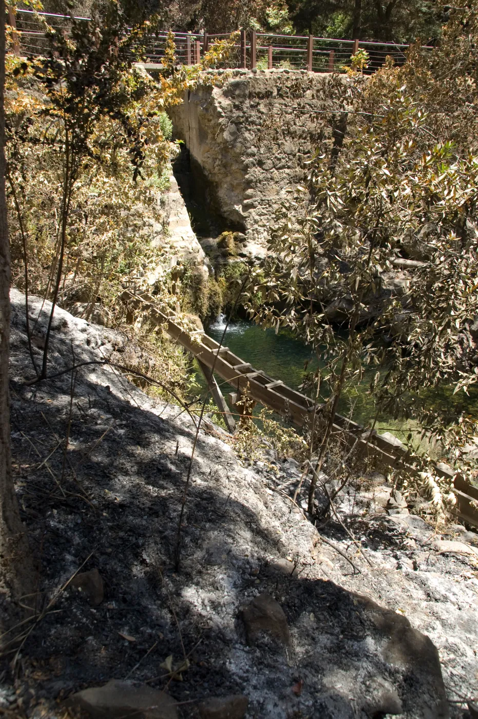 Mission dam and wooden aqueduct after the Jesusita Fire