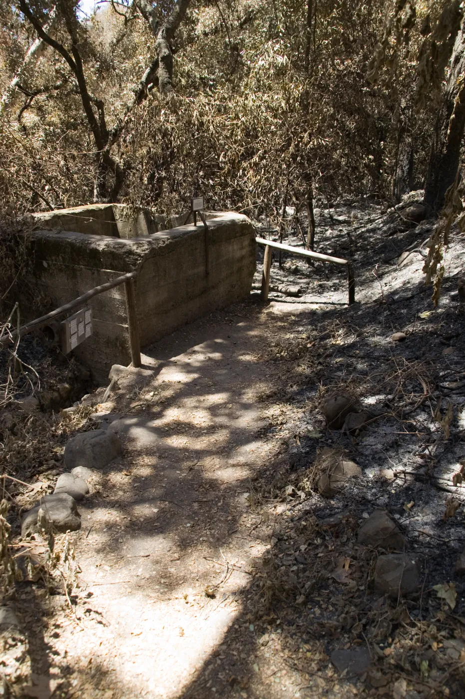 Fiber Arts Display and old Mission Aqueduct after the Jesusita Fire