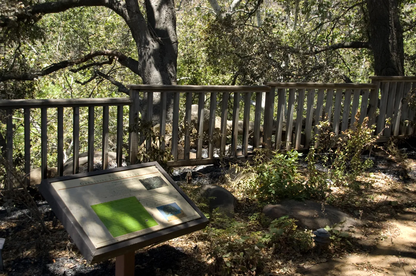 'Gardening in the Shade', burned railing along the canyon rim, adjacent to the cottage, after the Jesusita Fire