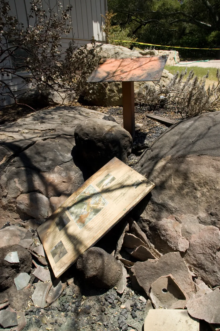 Home Demonstration Deck and 'Hardscape Design' Sign after the Jesusita Fire