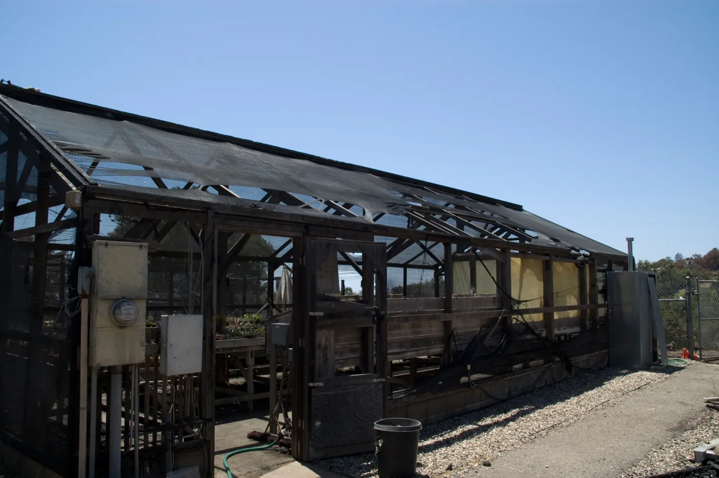 burned Horticulture nursery lath house, after the Jesusita Fire