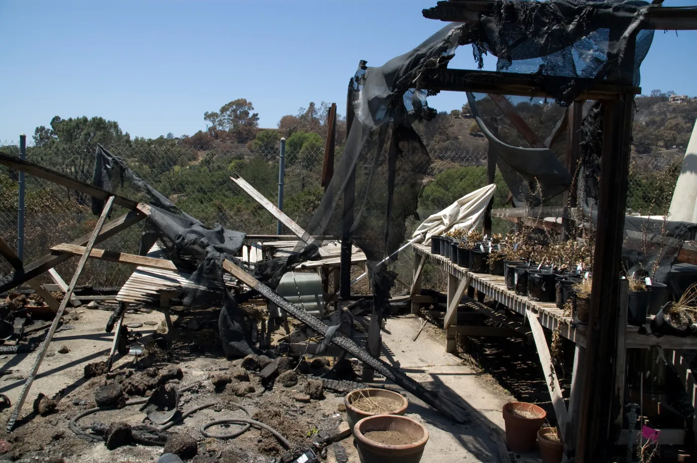 burned Horticulture Nursery lath house after the Jesusita Fire