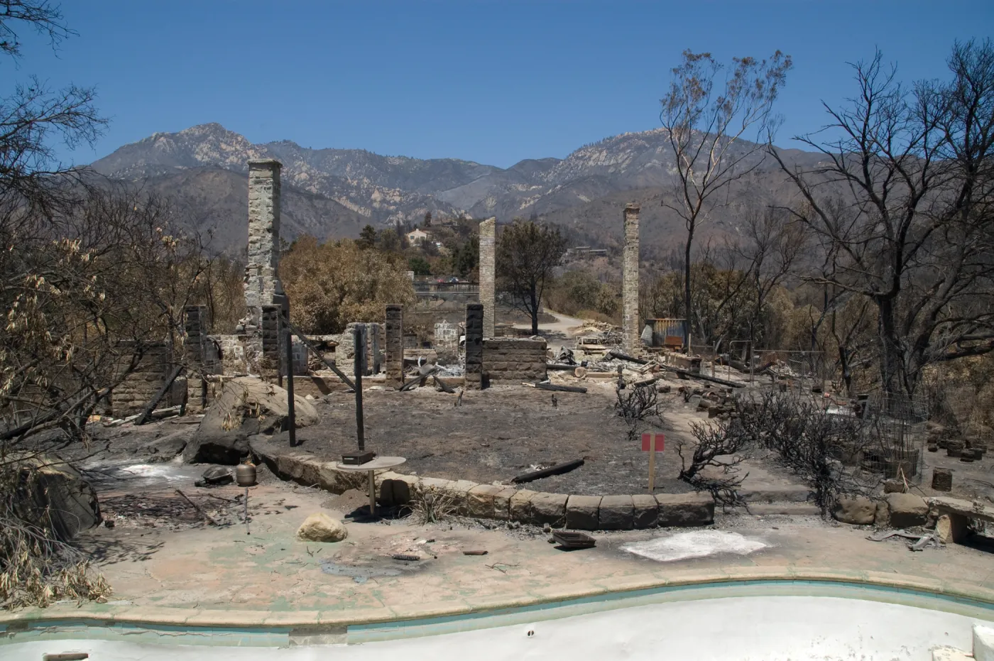 burned Gane House and Santa Ynez Mountains, after the Jesusita Fire