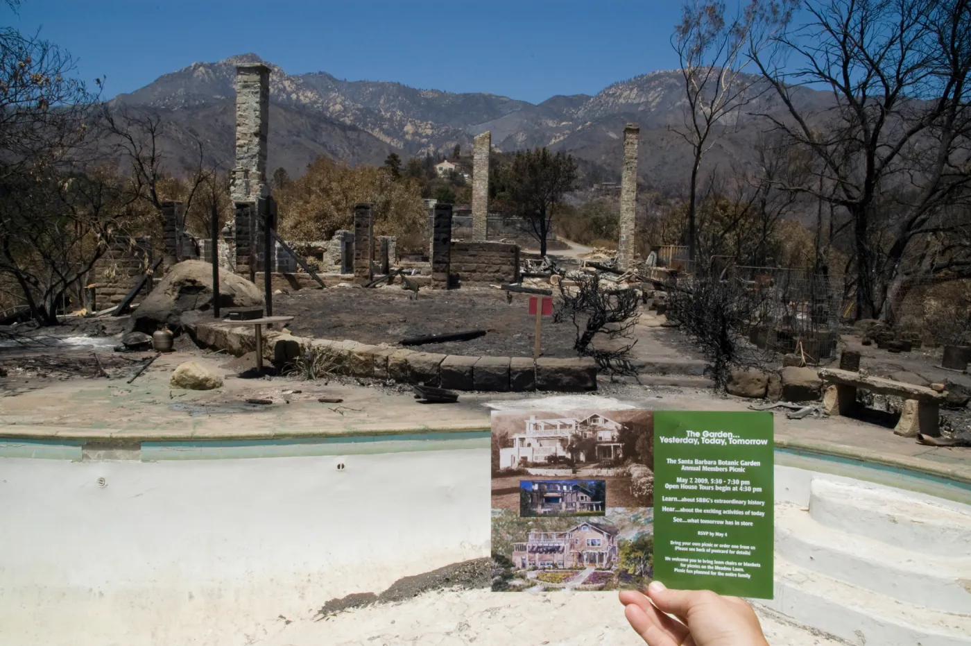 Gane House and swimming pool (with postcard image) after the Jesusita Fire