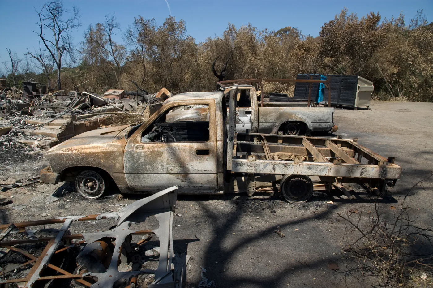 burned trucks at Gane House after the Jesusita Fire