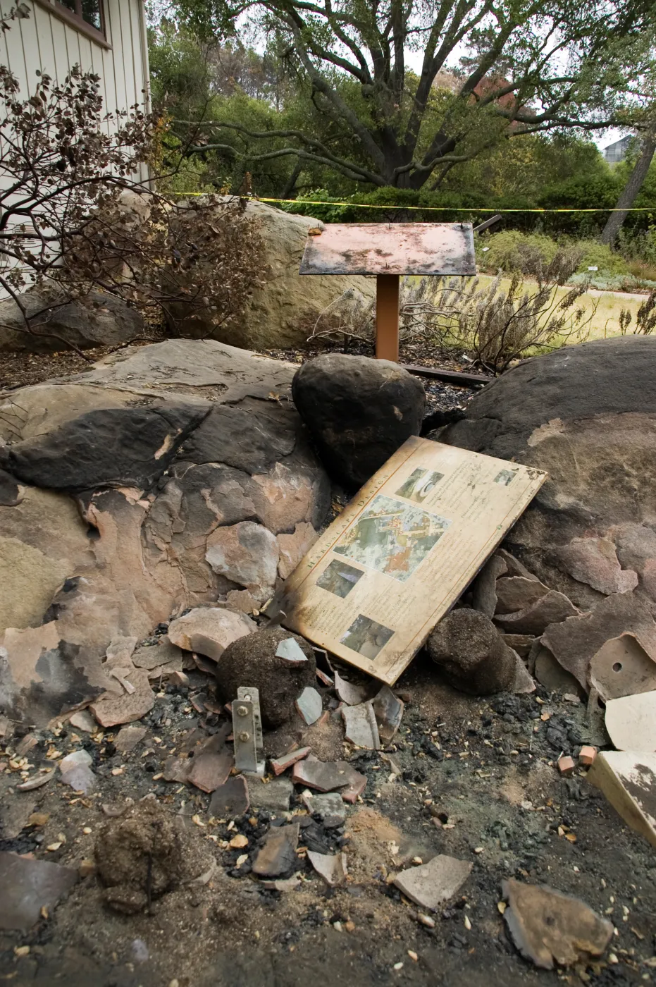 burned interpretive sign at the Home Demonstration Garden, after the Jesusita Fire