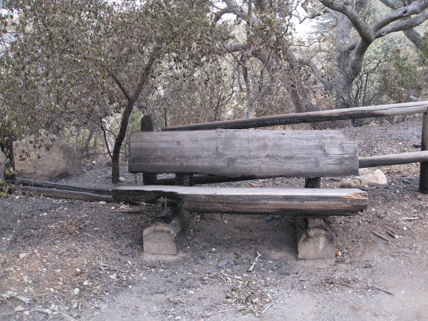 wood bench at top of the Meadow burned by the Jesusita Fire