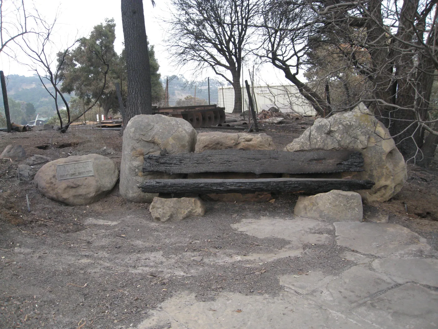 Burned Mr. and Mrs. William Stratton Porter Bench (bench #64) at south end of Porter Trail after the Jesusita Fire