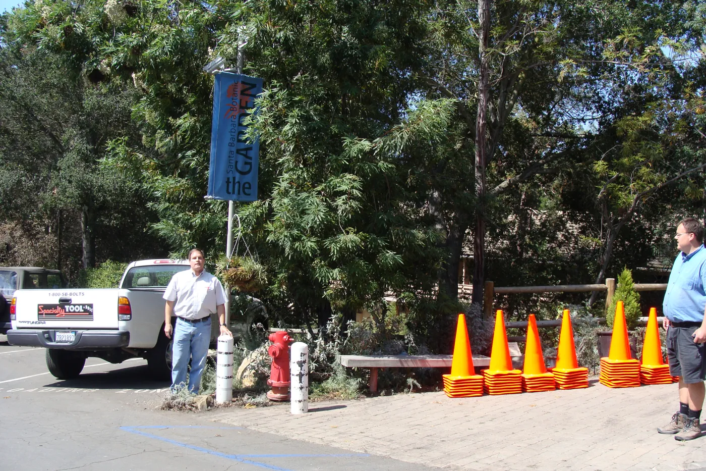 Specialty Tool delivers orange safety cones to mark areas in the Garden closed due to fire damage, after the Jesusita Fire