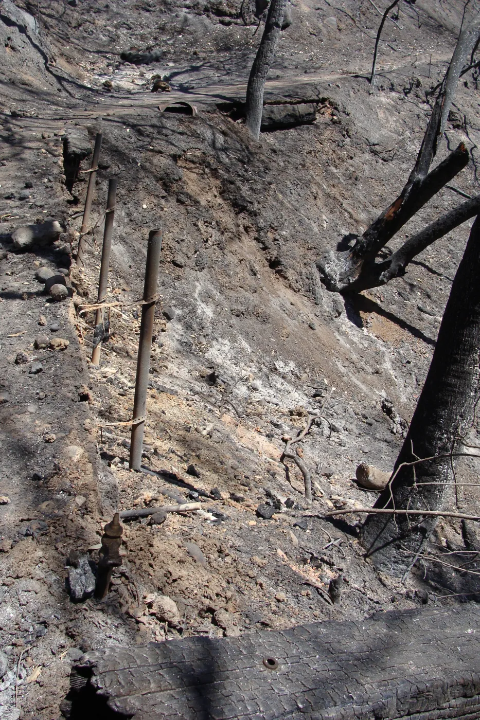 Pritchett Trail slope, burned remains of retaining wall, after the Jesusita Fire