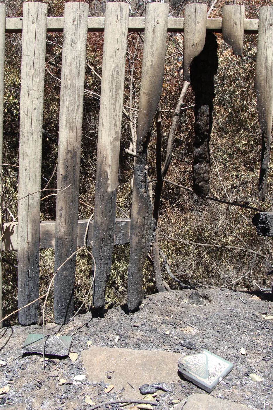 burned railing at the edge of the Picnic Area, after the Jesusita Fire