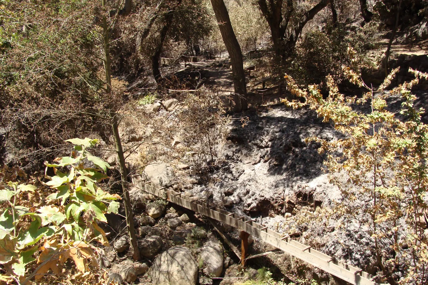 view from the top of the Mission Dam to the wooden Aqueduct, after the Jesusita Fire