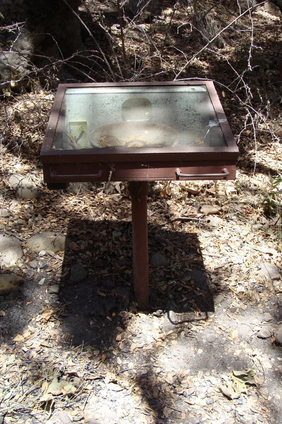 Fiber Arts Display case, after the Jesusita Fire