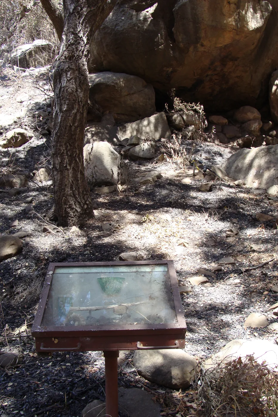 Fiber Arts Display case, after the Jesusita Fire