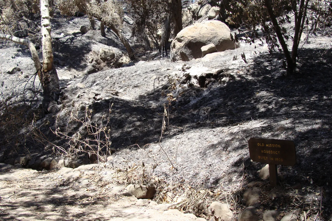 lower end of the Pritchett Trail, old Mission Aqueduct, after the Jesusita Fire