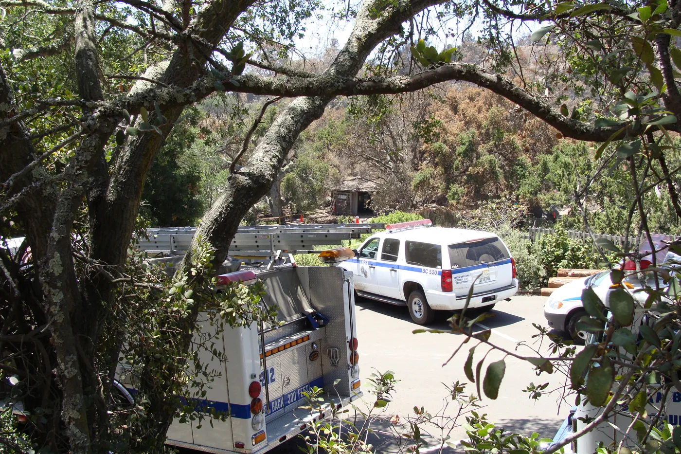 Parking lot with Santa Barbara County fire vehicles at the Santa Barbara Botanic Garden, after the Jesusita Fire