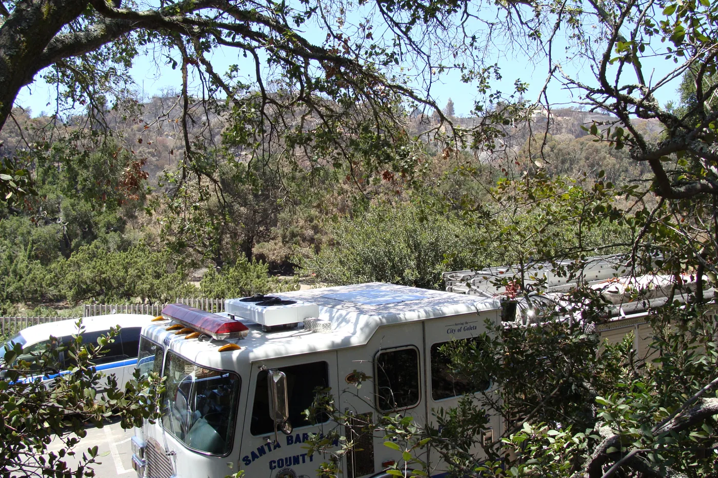 Parking lot with Santa Barbara County fire vehicle at the Santa Barbara Botanic Garden, after the Jesusita Fire