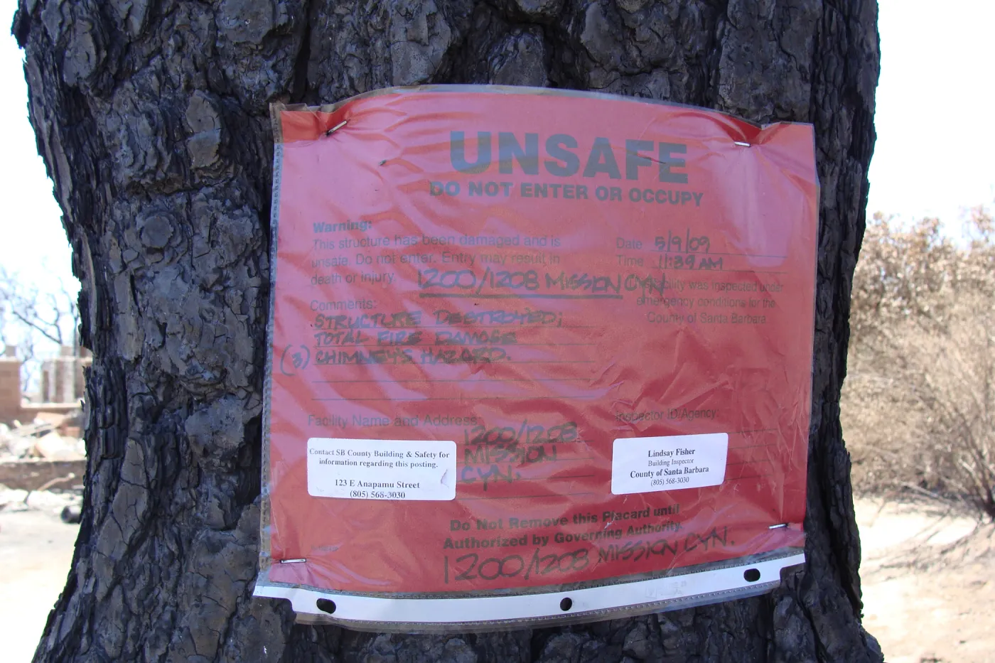 red tag at the Gane/Lotterhos site, after the Jesusita Fire
