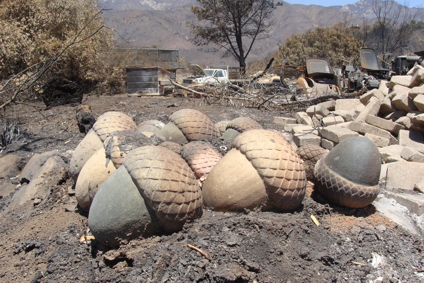 debris, including sculpted concrete acorns, stored at the Gane/Lotterhos site, after the Jesusita Fire