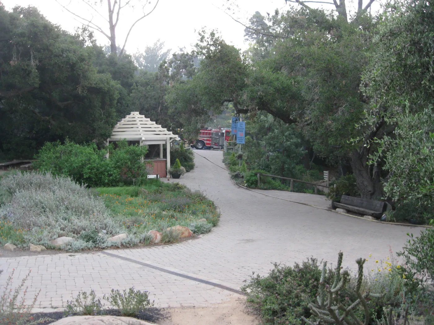 Fire trucks parked at the Garden entrance during the Jesusita Fire