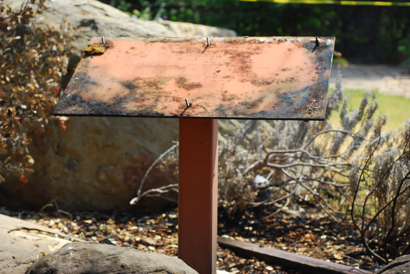 burned Hardscape interpretive sign, in the Home Demonstration Garden, after the Jesusita Fire