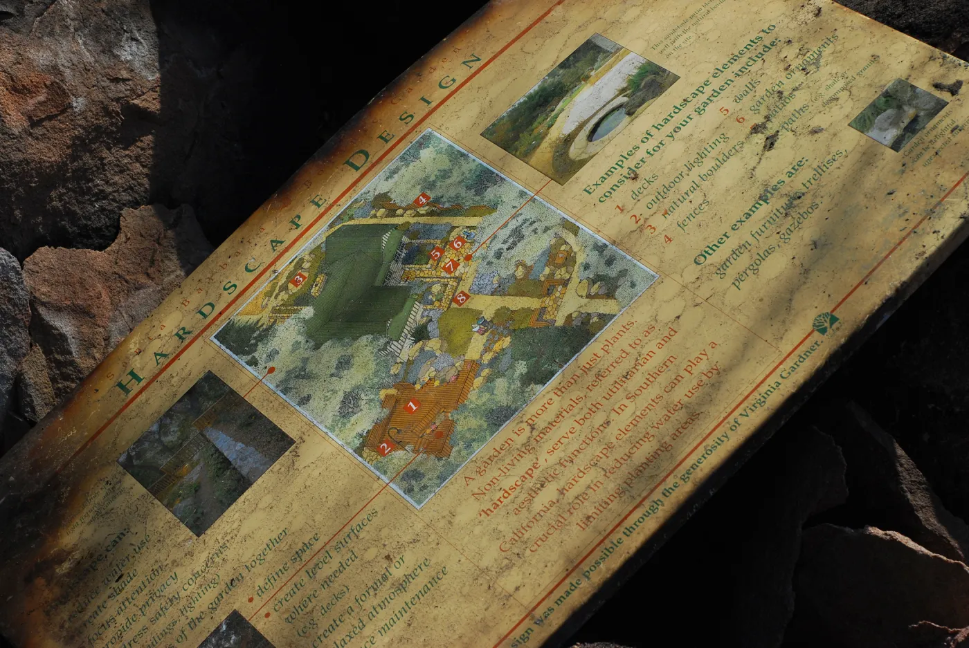 burned Hardscape interpretive sign, in the Home Demonstration Garden, after the Jesusita Fire