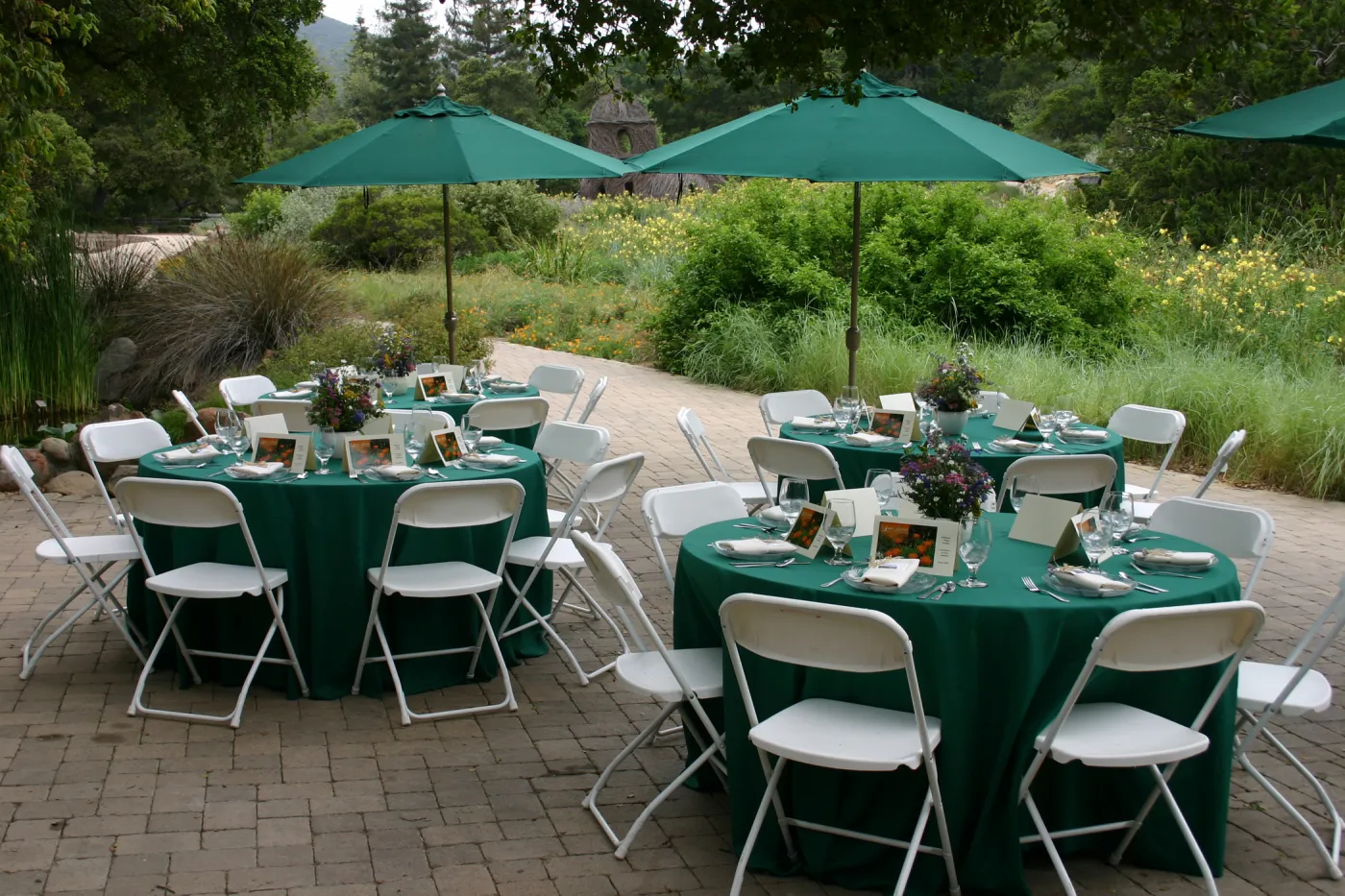 Bliss Luncheon, tables set up on the Blaksley Boulder patio