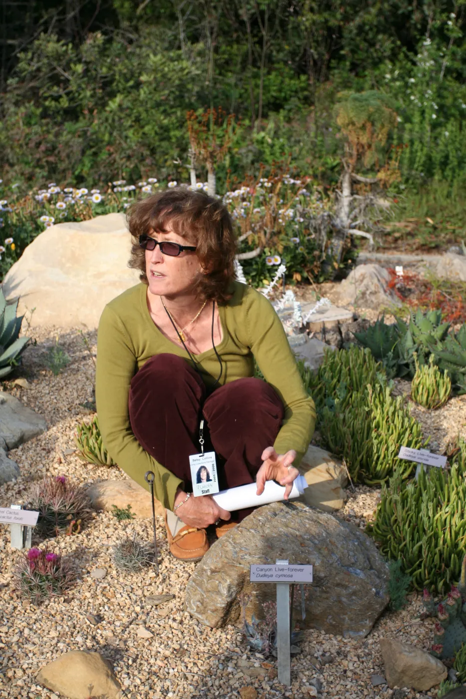 Betsy Collins leads a tour of the Dudleya Display for docents at SBBG 