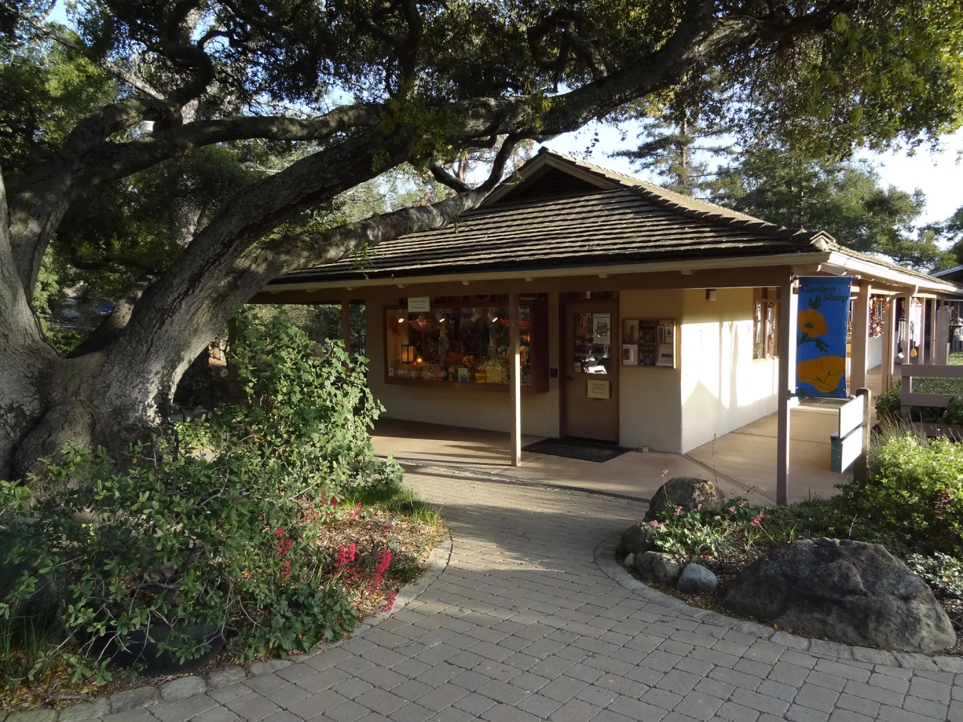 SBBG Entrance, Garden Gift Shop, North Wing, evening sunlight