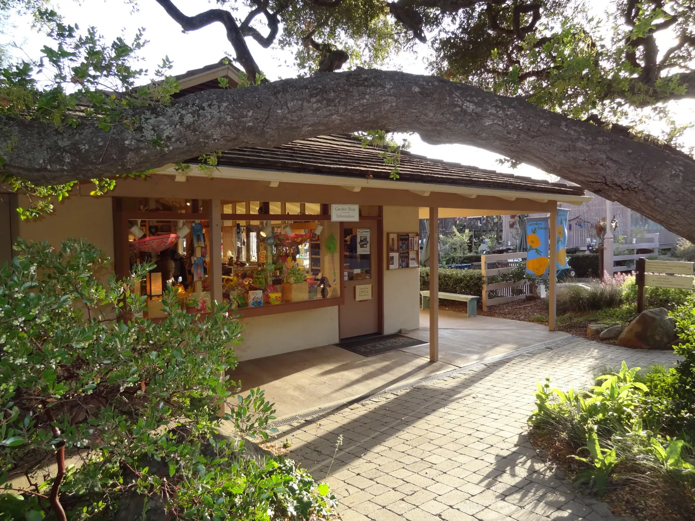 SBBG Entrance, Garden Gift Shop, North Wing, evening sunlight