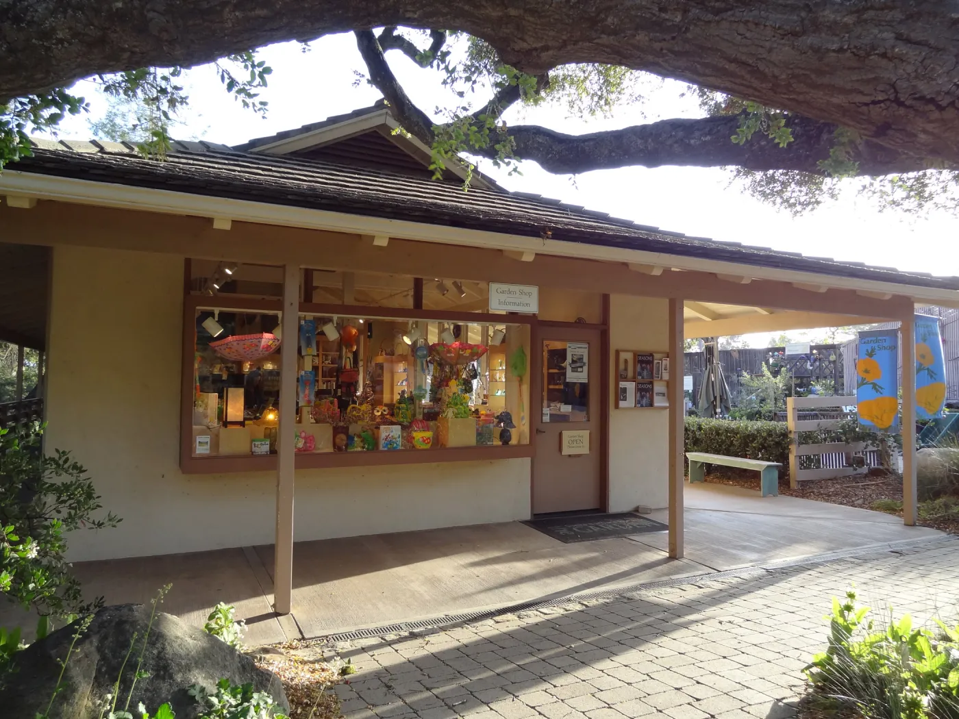 SBBG Entrance, Garden Gift Shop, North Wing, evening sunlight