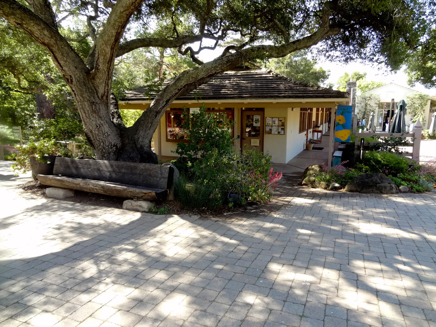 Garden Gift Shop, entrance oak, wood bench
