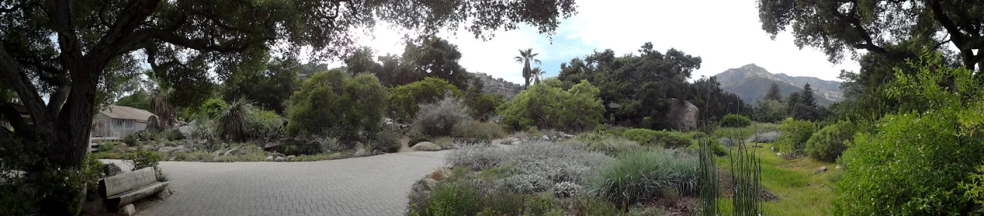 SBBG Entrance view to Desert Section, Meadow and mountains, panorama