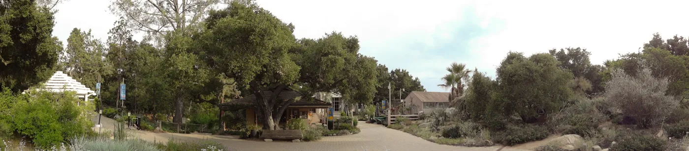 view from Meadow to Entrance Kiosk, Gift Shop, Desert Section, panorama
