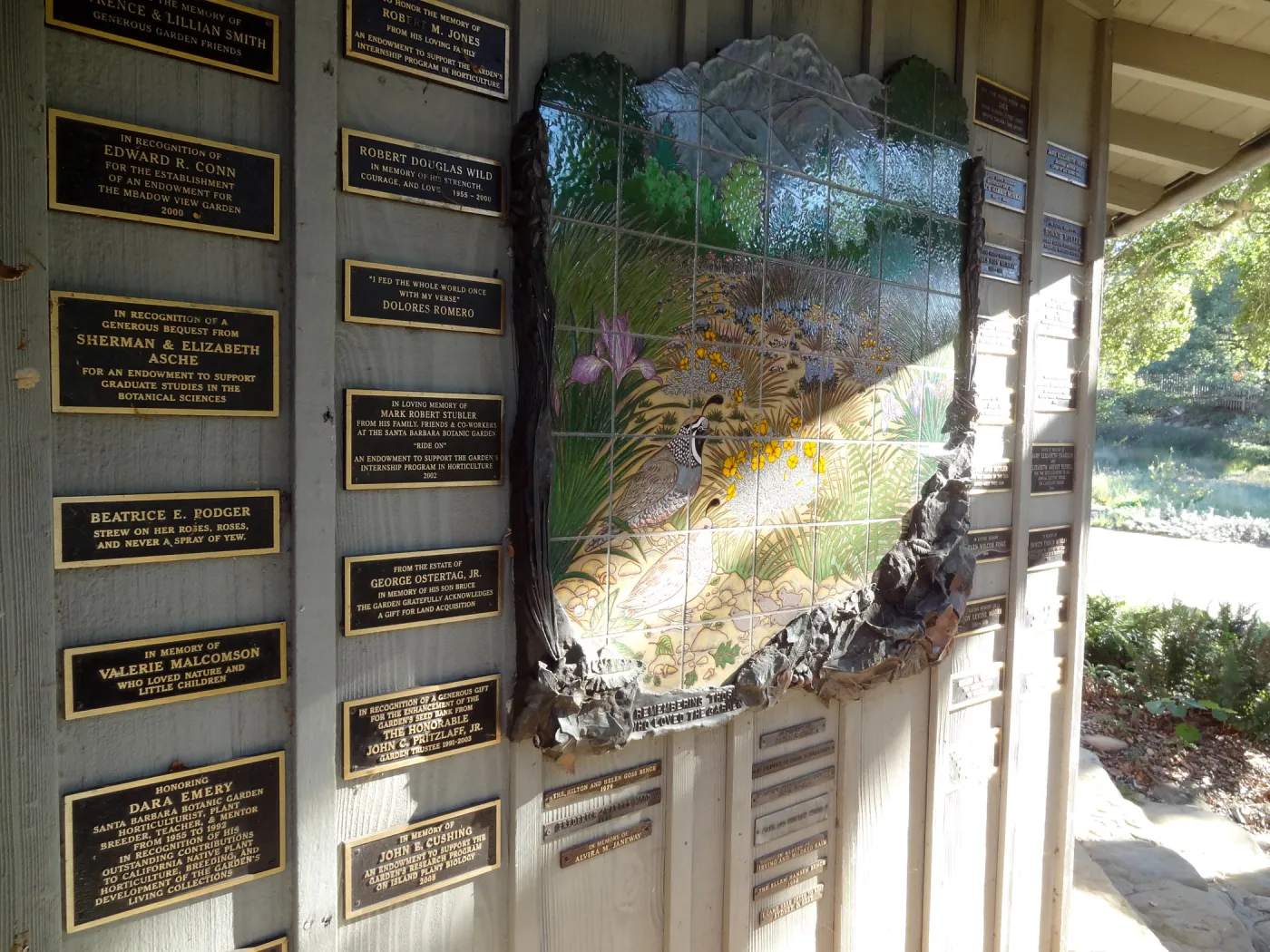 Memorial plaques on Information Kiosk, tile mosaic