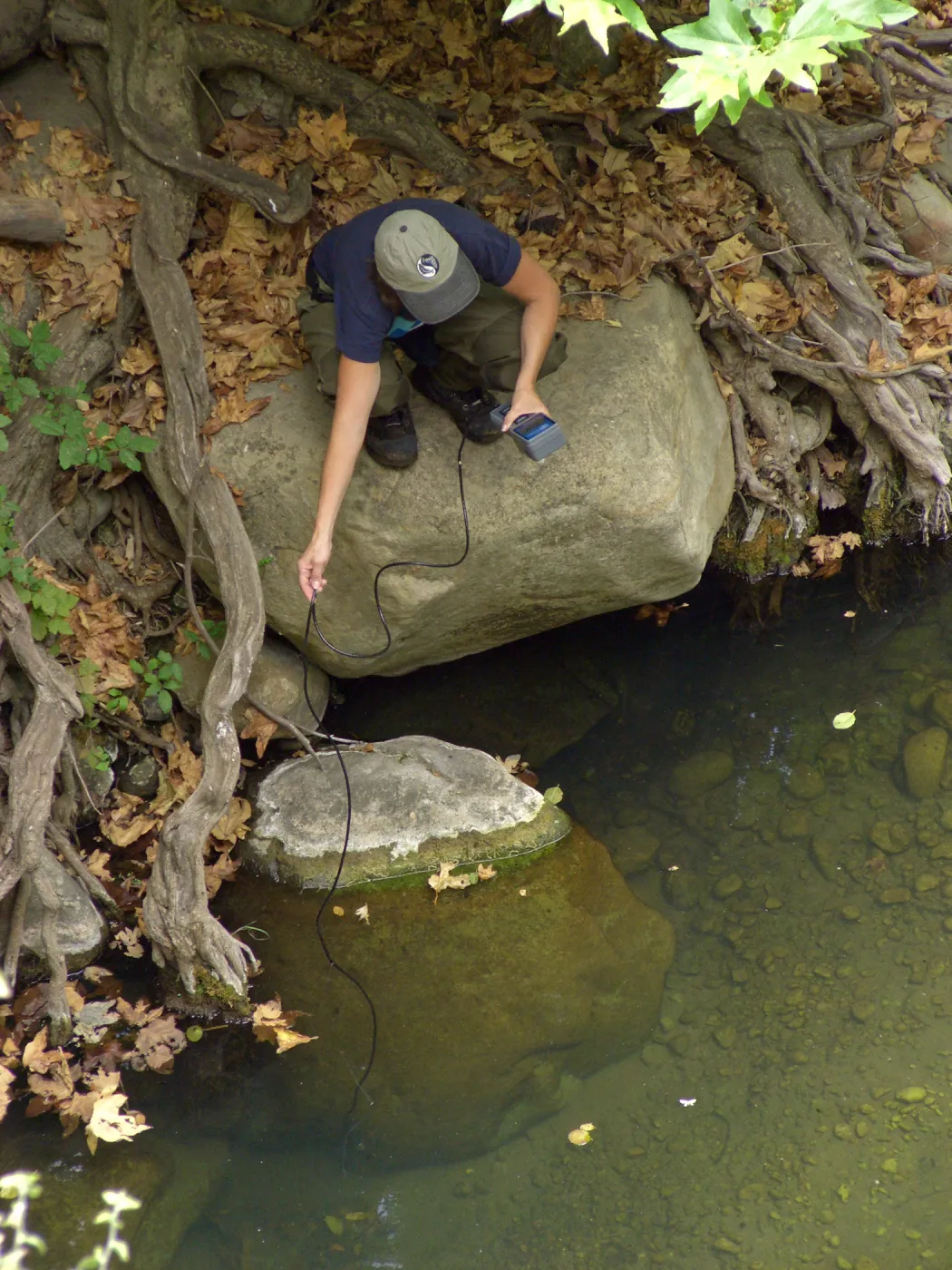 Steelhead trout release below Mission Dam. Gaytha Morningstar checks water temperature and oxygen content.