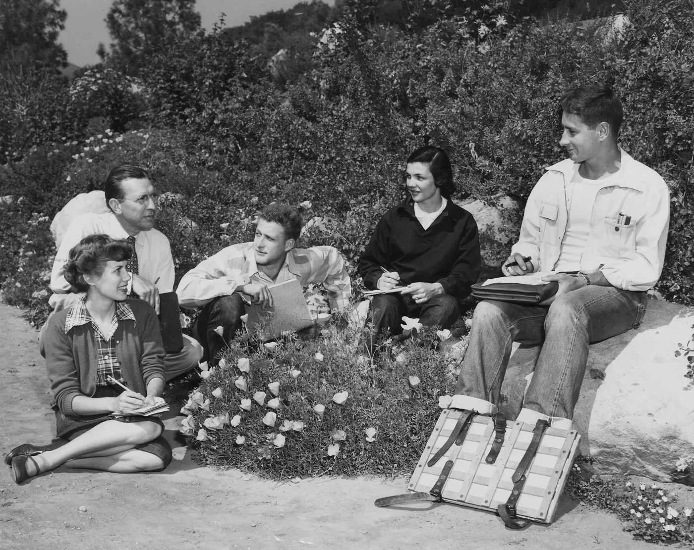 C.H. Muller with students at SBBG Meadow, early 1950s(see Cataloging Support DocumentsMuller)