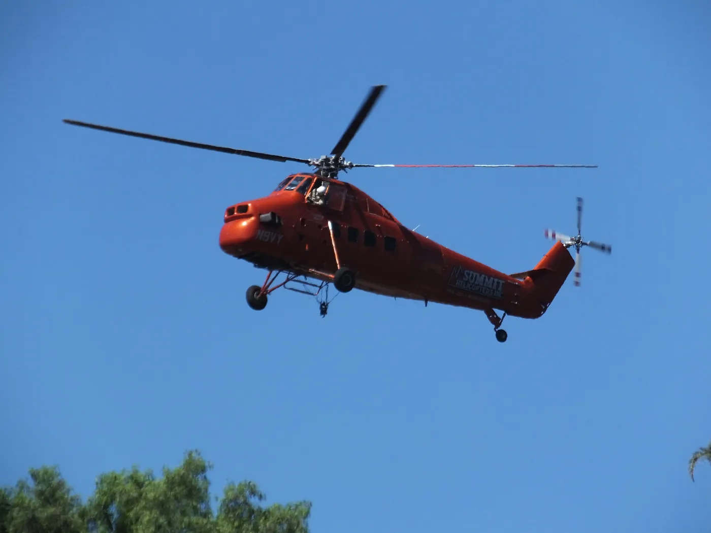 Sikorsky S-58T Screaming Mimi helicopter replacing utility pole in west Mission Canyon